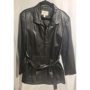 Worthington Leather‎ Black Zip Belted Women Jacket Coat Size:L